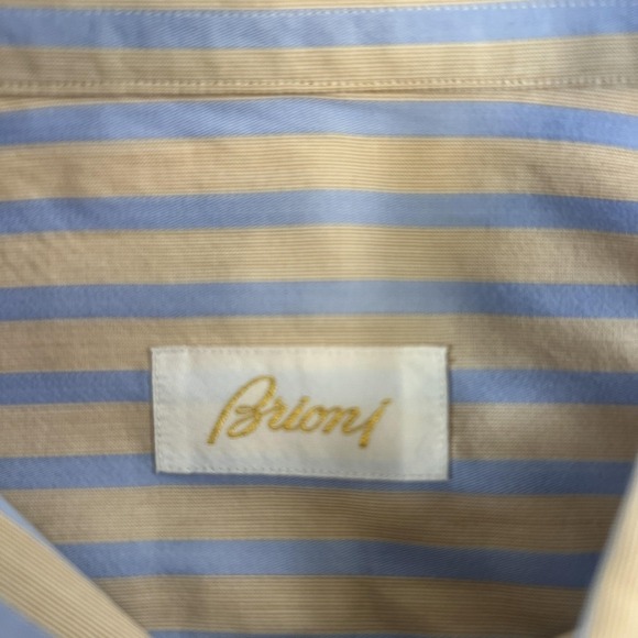 Brioni Shirt Mens 16 Blue Tan Stripe Dress Long Sleeve 100% Cotton Spread Collar - Picture 12 of 16